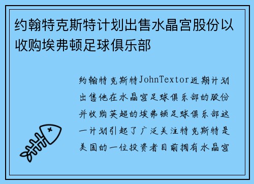 约翰特克斯特计划出售水晶宫股份以收购埃弗顿足球俱乐部